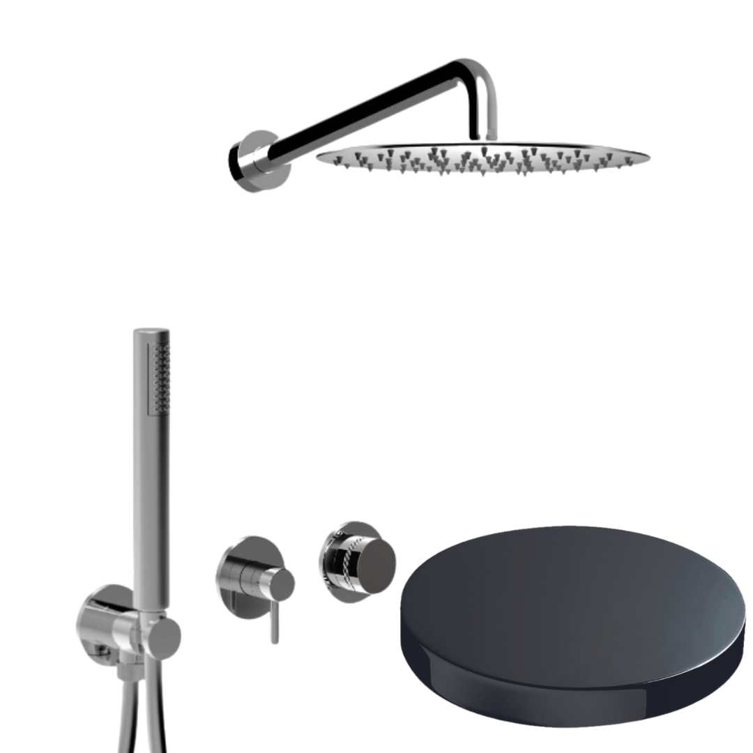 MR0086DLEPCRN Внешняя часть: Встраиваемый душевой комплект Giulini My Ring Deluxe на 2 режима, однорычажный,  с поворотным
переключателем, ручной душ, кронштейн, верхний душ Ø 25 см  (цвет - хром черный глянц)