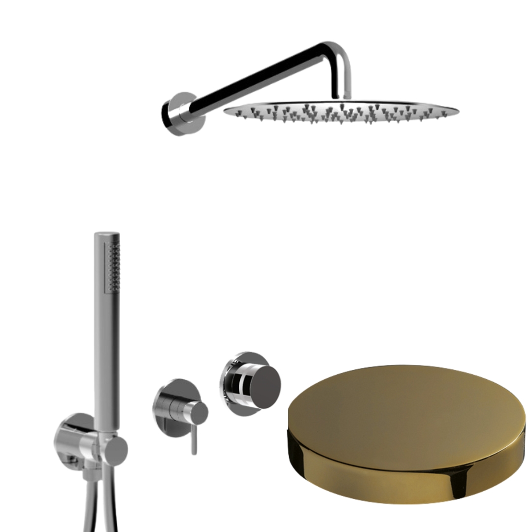 MR0086O Встраиваемый душевой комплект Giulini My Ring на 2 режима, однорычажный,  с поворотным
переключателем, ручной душ, кронштейн, верхний душ Ø 25 см  (цвет - золото)