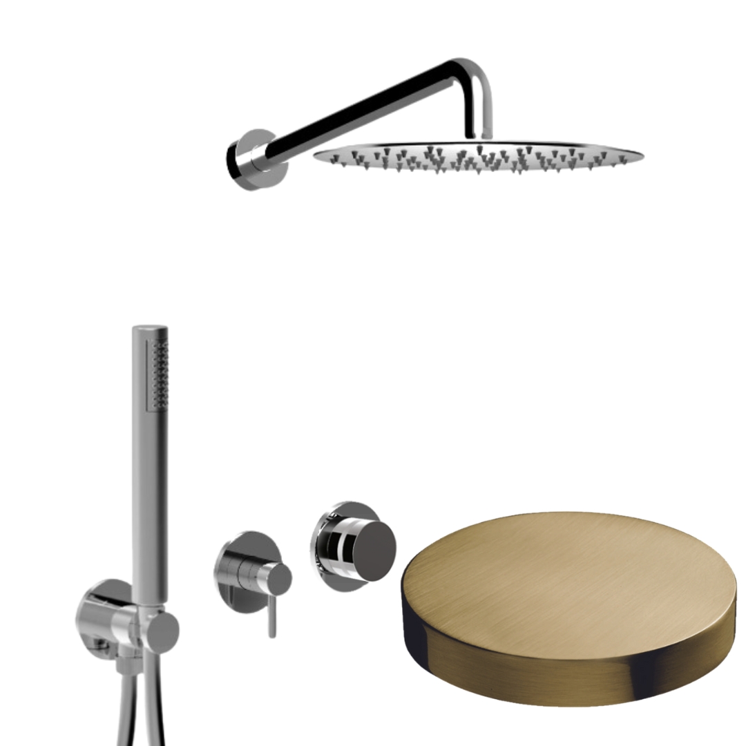 MR0086OSP Встраиваемый душевой комплект Giulini My Ring на 2 режима, однорычажный,  с поворотным
переключателем, ручной душ, кронштейн, верхний душ Ø 25 см  (цвет - золото брашированное)