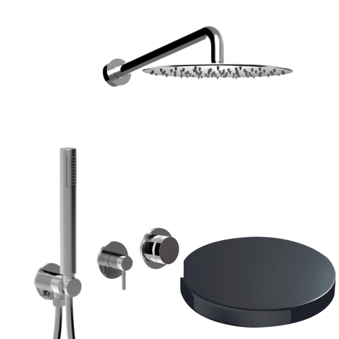 MR0086EPCRN Внешняя часть: Встраиваемый душевой комплект Giulini My Ring на 2 режима, однорычажный,  с поворотным
переключателем, ручной душ, кронштейн, верхний душ Ø 25 см  (цвет - хром черный глянц)