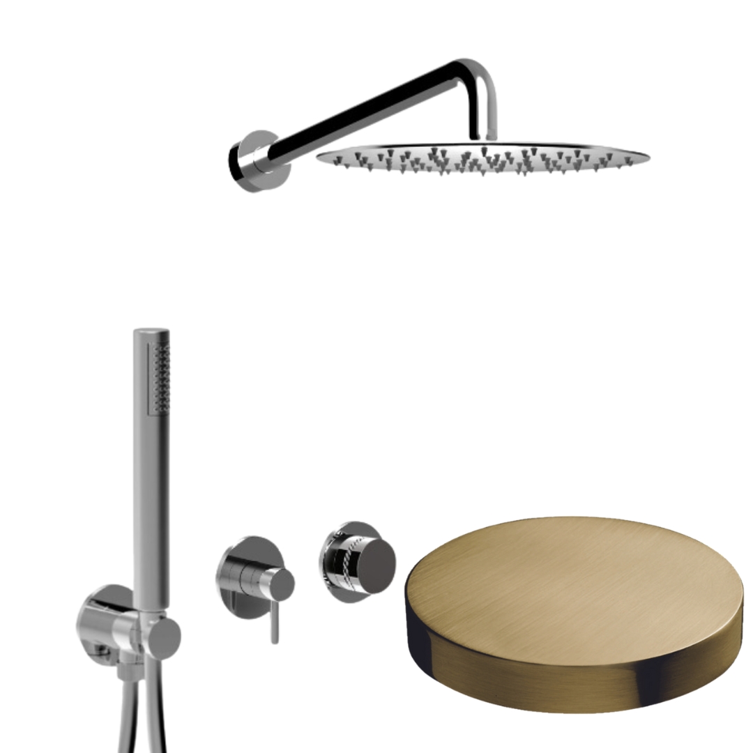 MR0086DLEPOSP Внешняя часть: Встраиваемый душевой комплект Giulini My Ring Deluxe на 2 режима, однорычажный,  с поворотным
переключателем, ручной душ, кронштейн, верхний душ Ø 25 см  (цвет - золото брашированное)